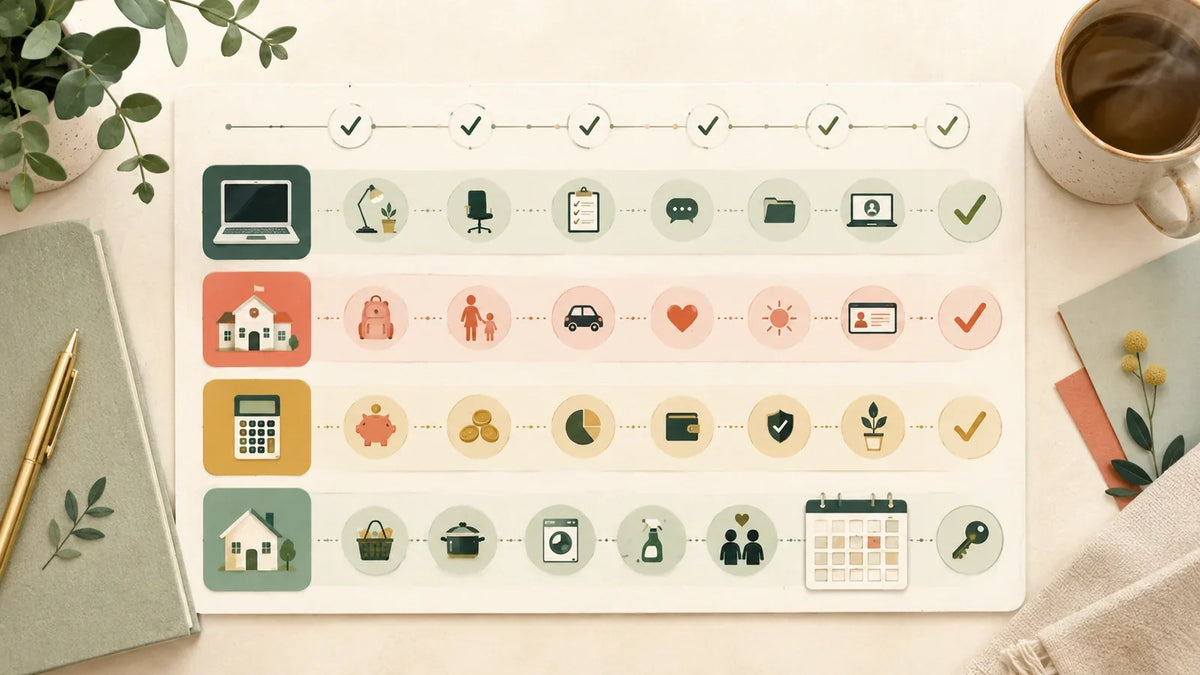 Return-to-work roadmap with work, childcare, money, and home planning lanes