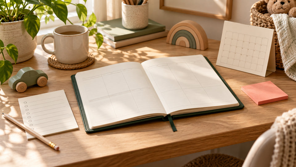 Childcare backup plan on a sunlit family planning desk