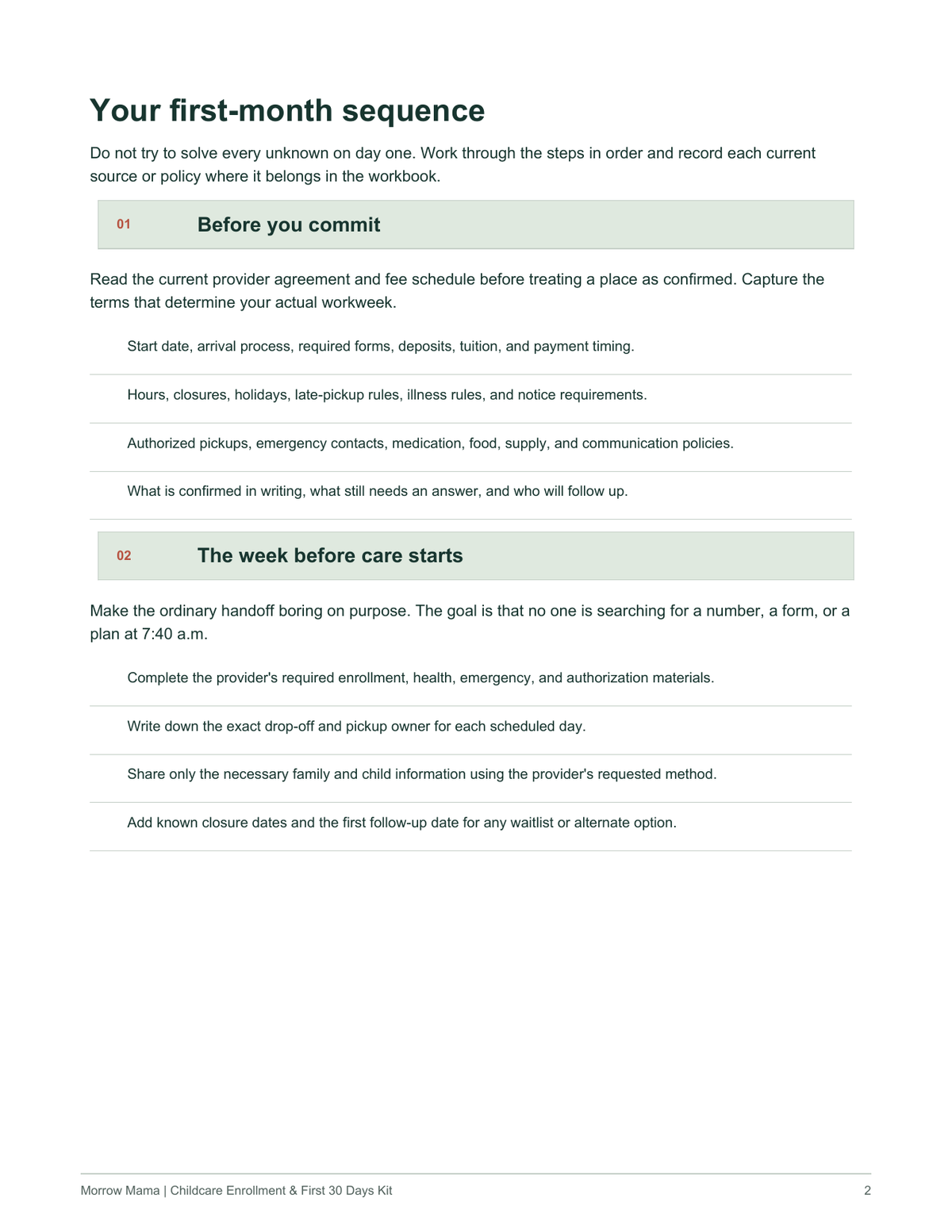 Childcare Enrollment first-month sequence preview