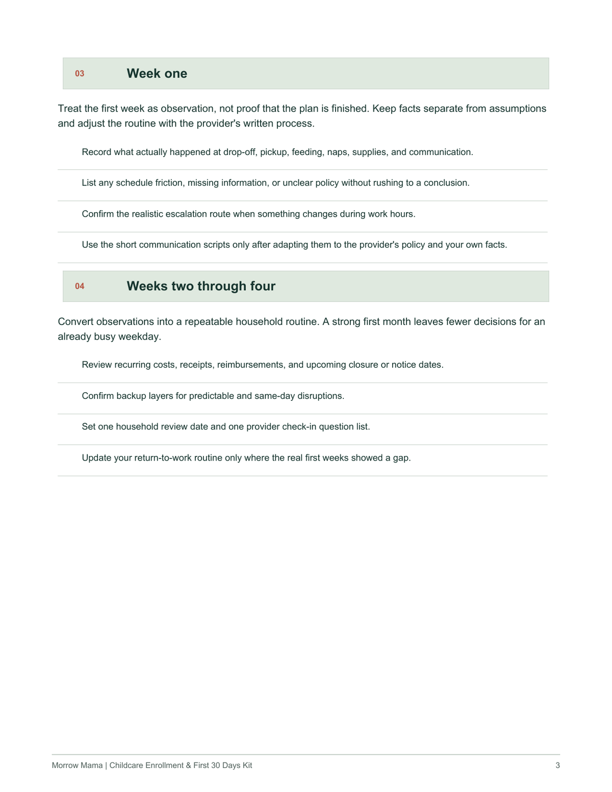 Childcare Enrollment first-month review plan preview