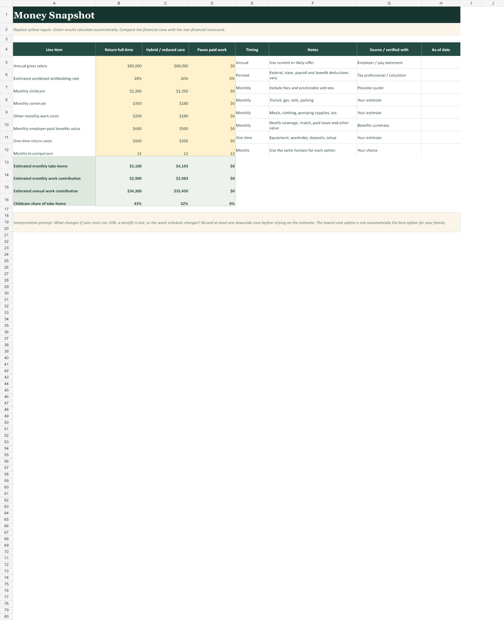 Childcare and work money snapshot calculator worksheet preview