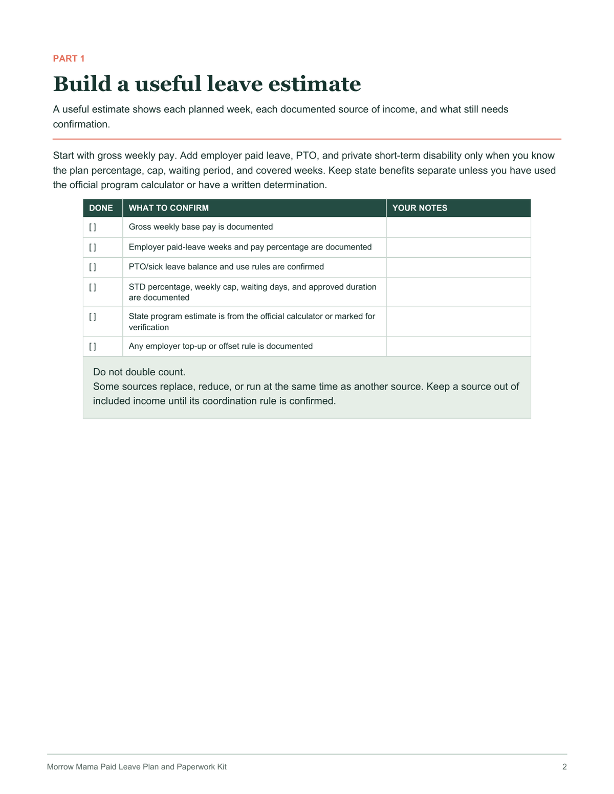 Paid Leave Planner income estimate checklist preview